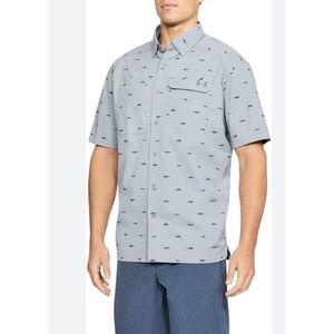 Under‎ Armour Mens XXL Gray Fish Print HeatGear Short Sleeve Button Up Shirt